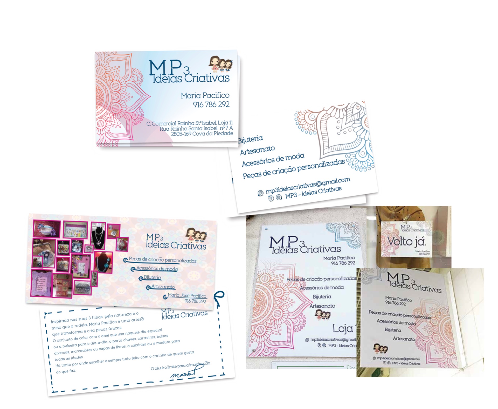 Cliente: MP3 - Ideias Criativas - Criação de Logotipo e impressão do mesmo cartões de visita, flyer e sinalética em loja