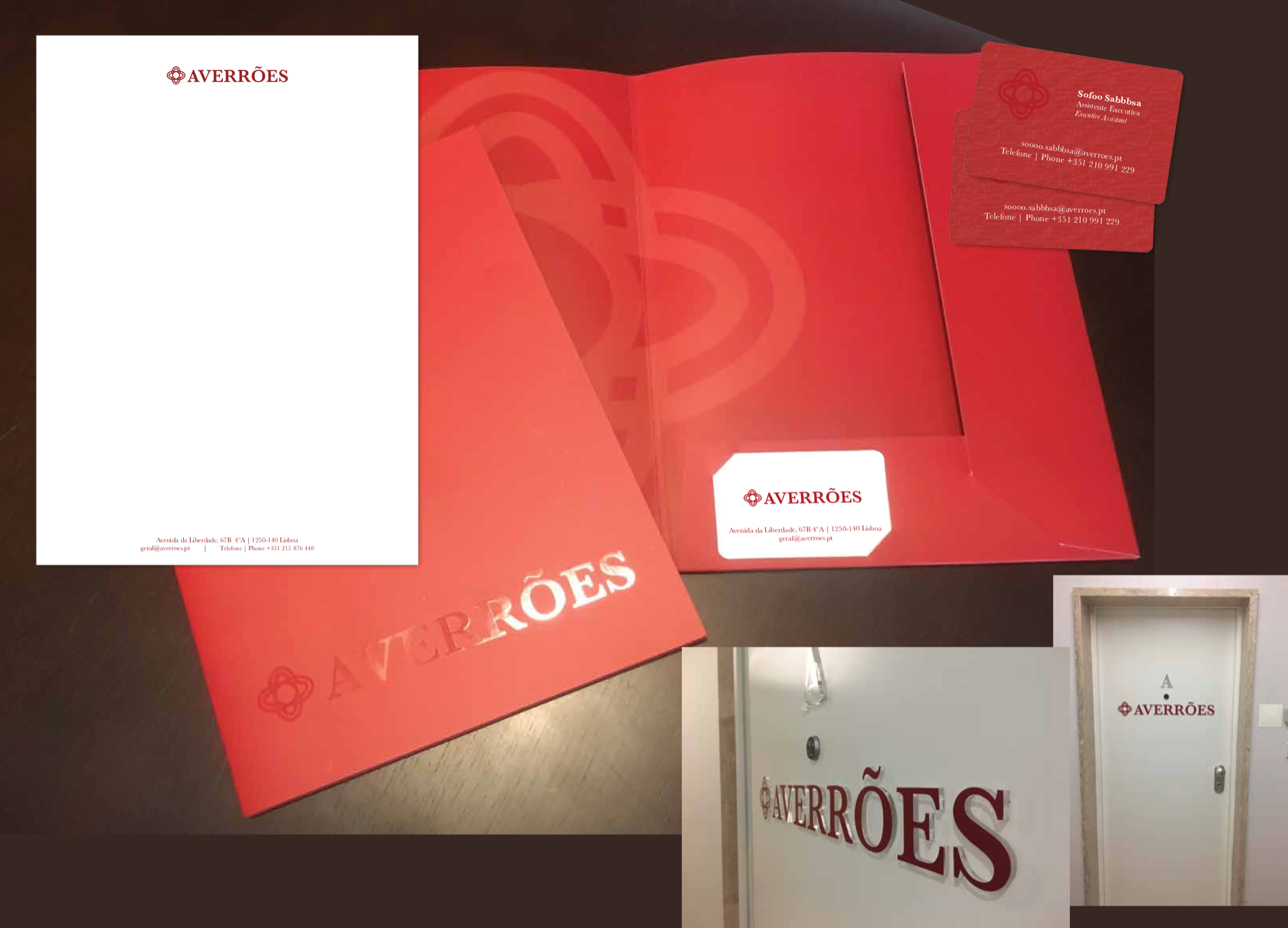 Cliente - Averrões - Criação de logotipo e impressão de cartões de visita, Pastas documentos, papel de carta, Identificação de edifício e template para web.