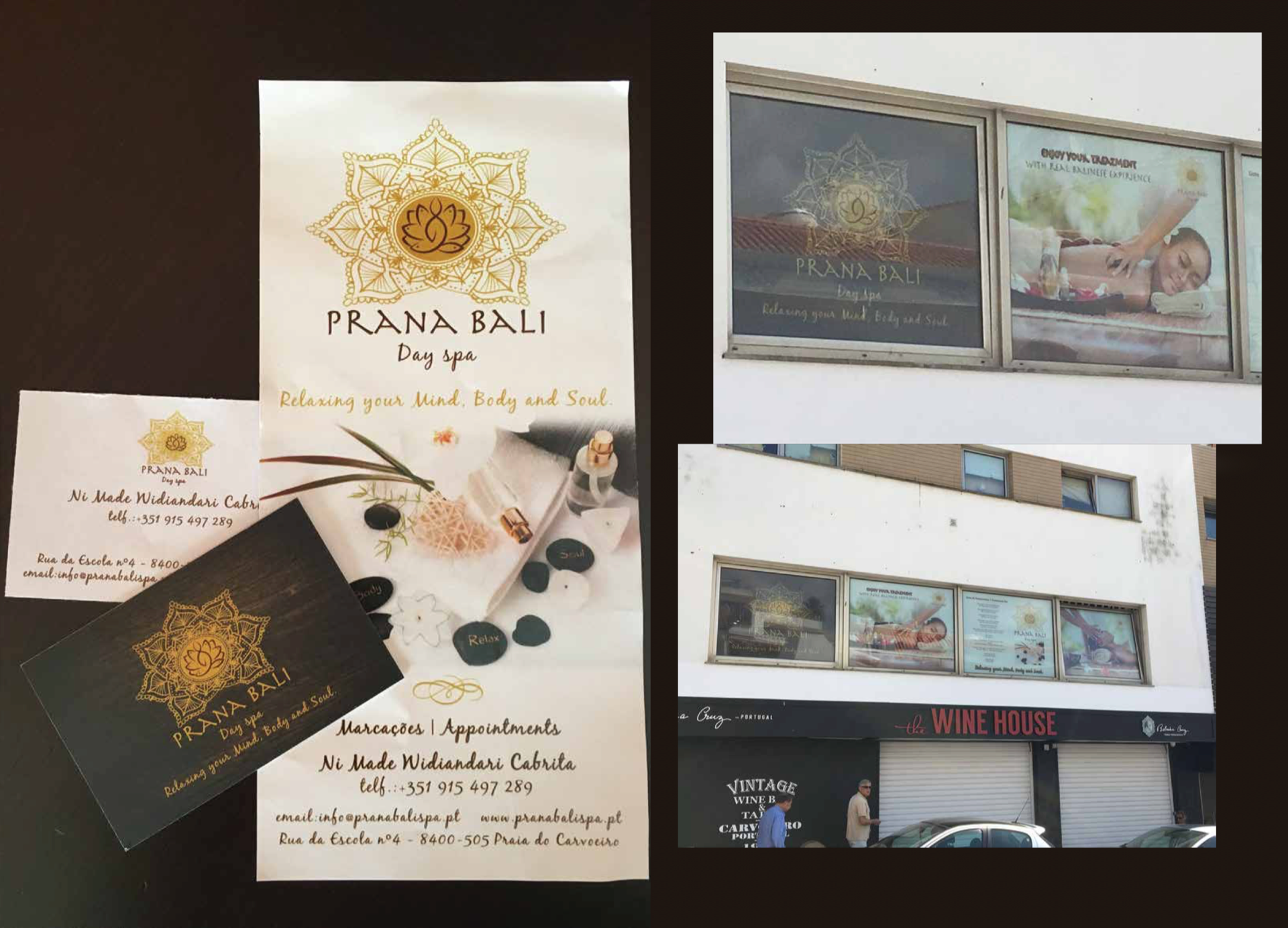 Cliente - Prana Bali Day Spa - Criação de logotipo, impressão de cartões visita, flyers, voucher, decoração de montras.