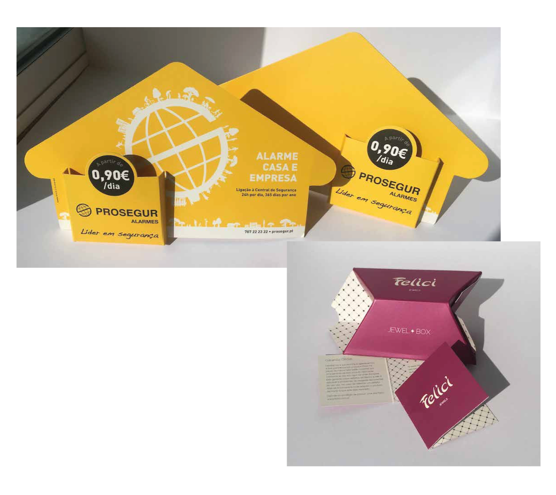 Expositor porta folhetos auto-armado em cartão impresso frente e verso & Caixa de transporte com etiqueta em papel iridiscente, com vincos, corte e colagem.